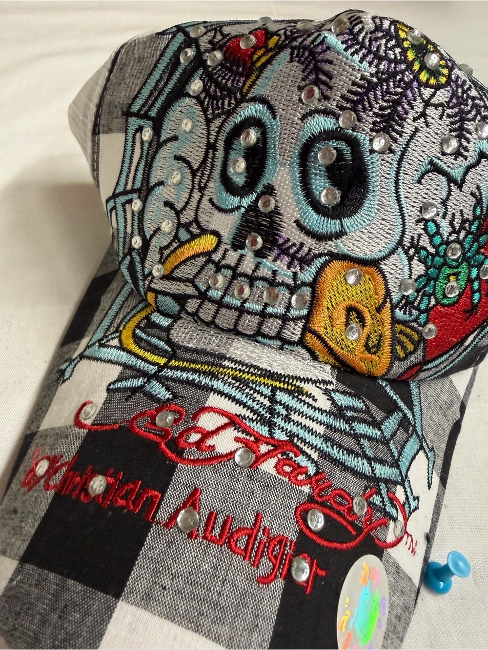 Ed Hardy Kids Gray Plaid Embroidered Skull Cap with Rhinestones